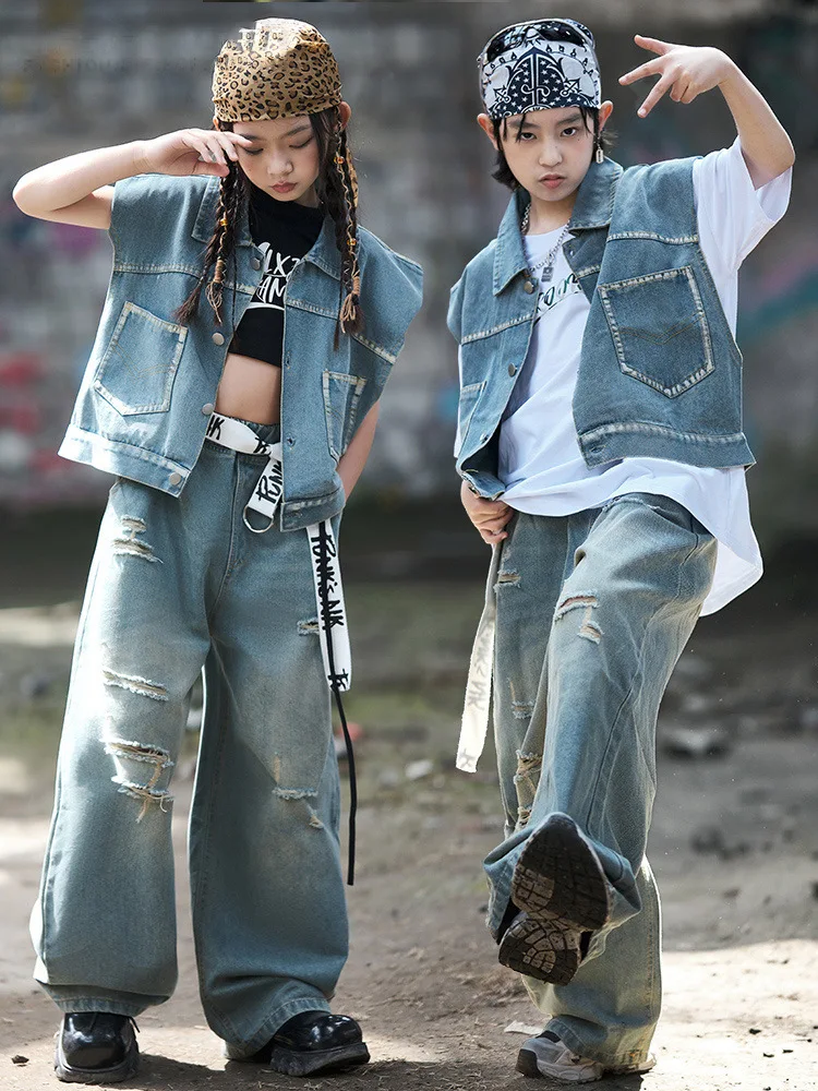 Boys Hip Hop Street Clothing Denim Vest Tops Ripped Jeans Pants for Girls Kids Streetwear Costume Jazz Dance Clothes