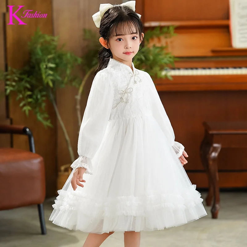 

Girls' Dress Children's Formal Dress Princess Clothing Baby Fleece Lined Stylish Mesh Dress For Kids Party Wear White Color