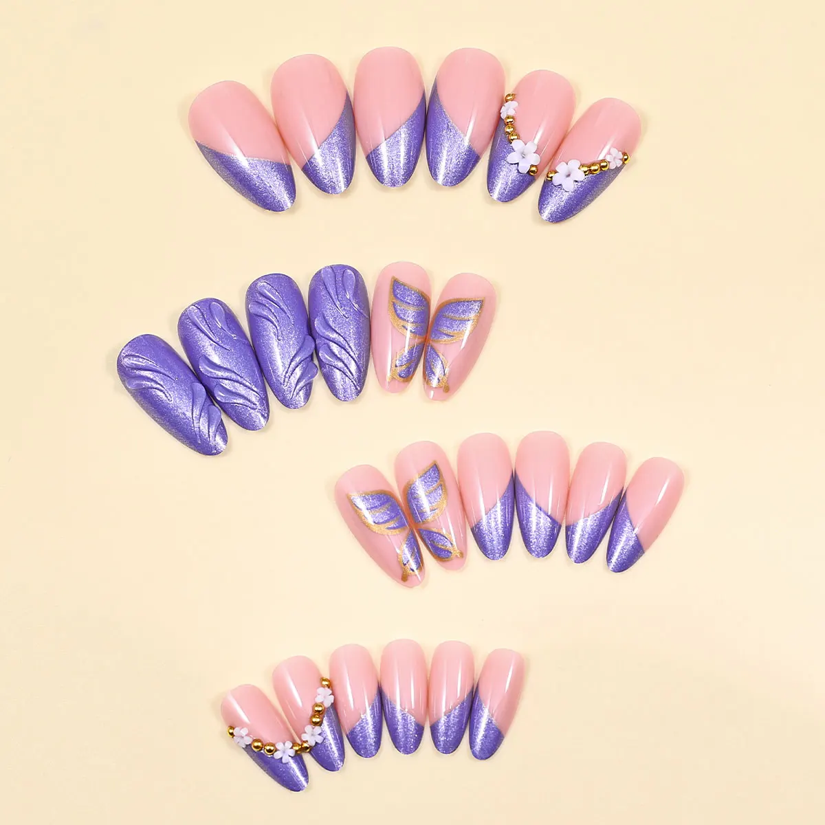 3D-Mandel-Nägel zum Aufdrücken mit Blumen-Perlen-Stern-Designs, 3D-Glitzer-Kleber auf die Nägel, niedlicher, glänzender Acryl-Nagel zum Aufkleben