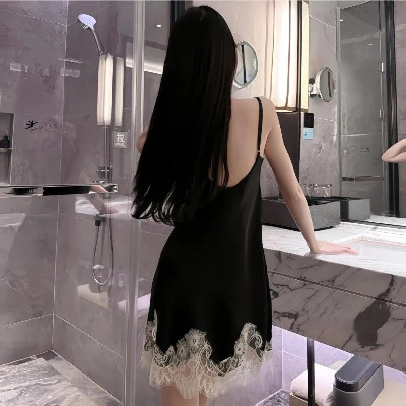 Women's Satin Lace Trim Slip Nightgown V-Neck Side Slit Sleepwear with Chest Pad