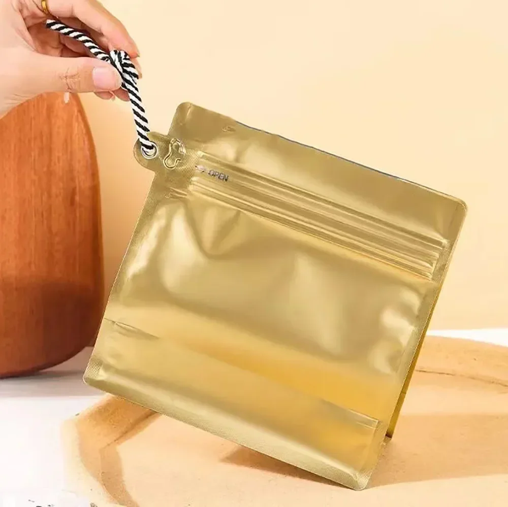 50pcs Resealable Aluminum Foil Hanging Rope Coffee Bean Powder Food Box Bottom Ziplock Packaging Bag with Valve 150g 250g 500g