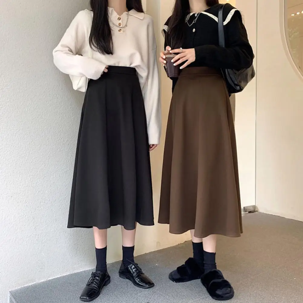 Breathable Skater Skirt Elegant High Waist A-line Midi Skirt for Office Ladies Solid Color Hem Commuting Style for Women