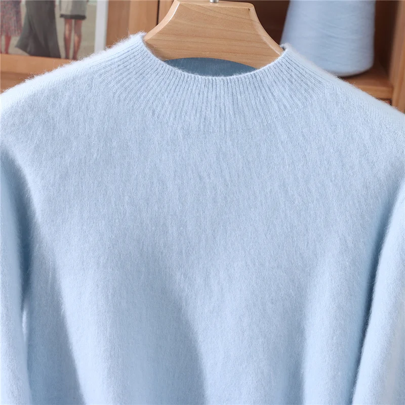 

Basic 100% Mink Cashmere Fashion Mock Neck Solid Color Sweater Pullover Long Sleeves Comfortable Warm Soft Women's Clothing Top