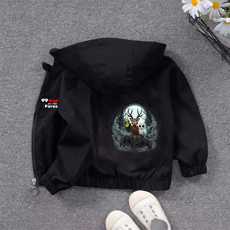 Jaket Lengan Panjang 99 Nights in Forest Boys Jaket Zip Up Berkerudung Motif Game Hitam Keren Pakaian Atasan Tahan Angin Musim Gugur Musim Semi