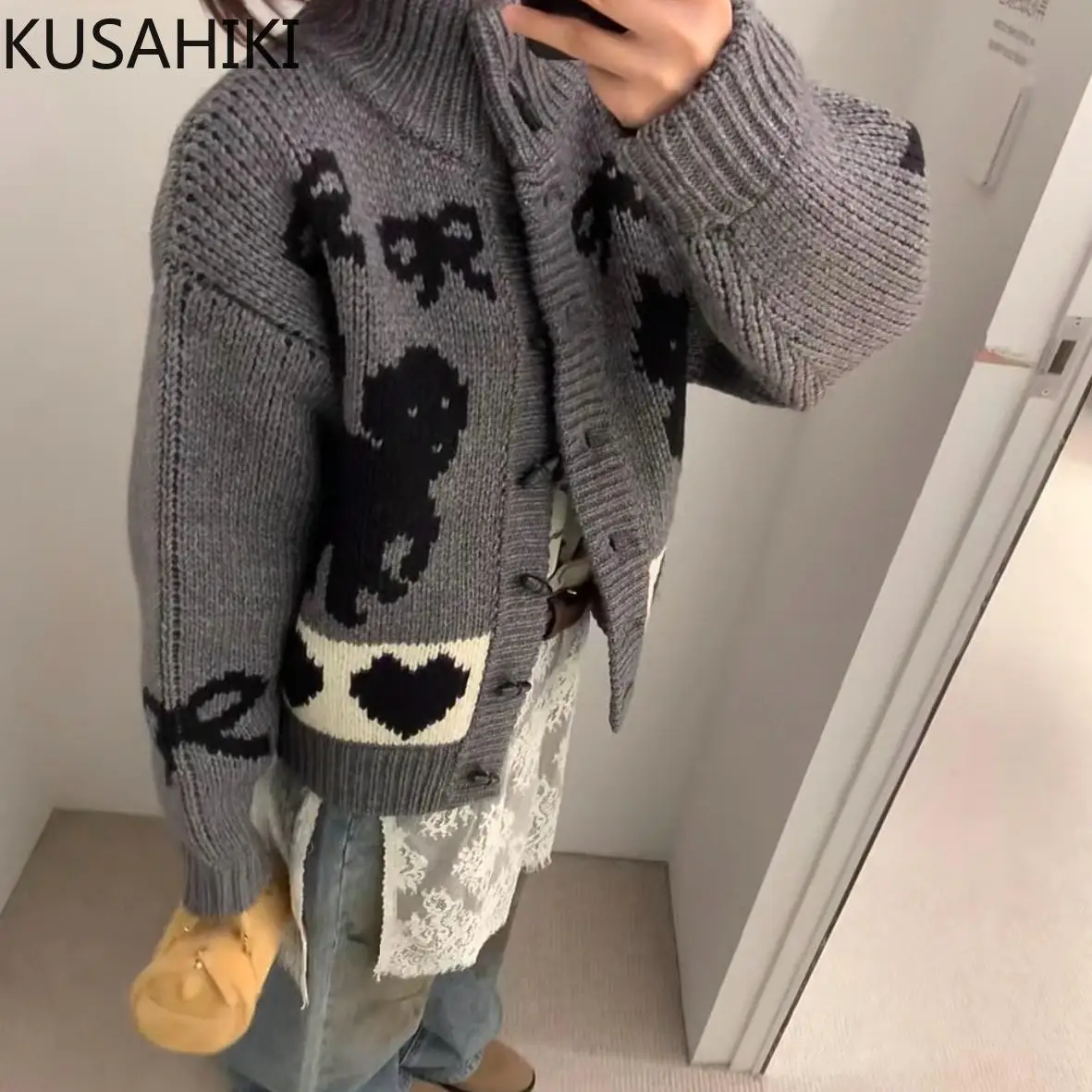 KUSAHIKI 2024 Retro Korean Style Cartoon Cat Bow Knitted Cardigan Sweater Causal Single Breasted Stand Neck Knitwear Jacket