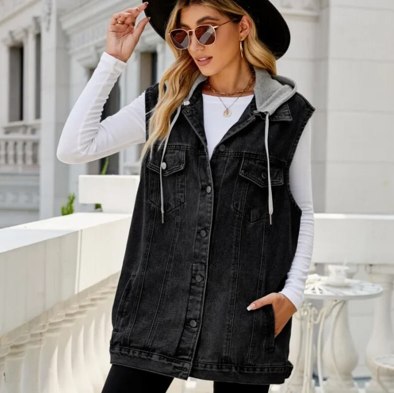 New Fall Winter New Women's Sleeveless Long Denim Vest Fashion Loose Detachable Hooded Jeans Jacket Coat Casual Clothing S-XL