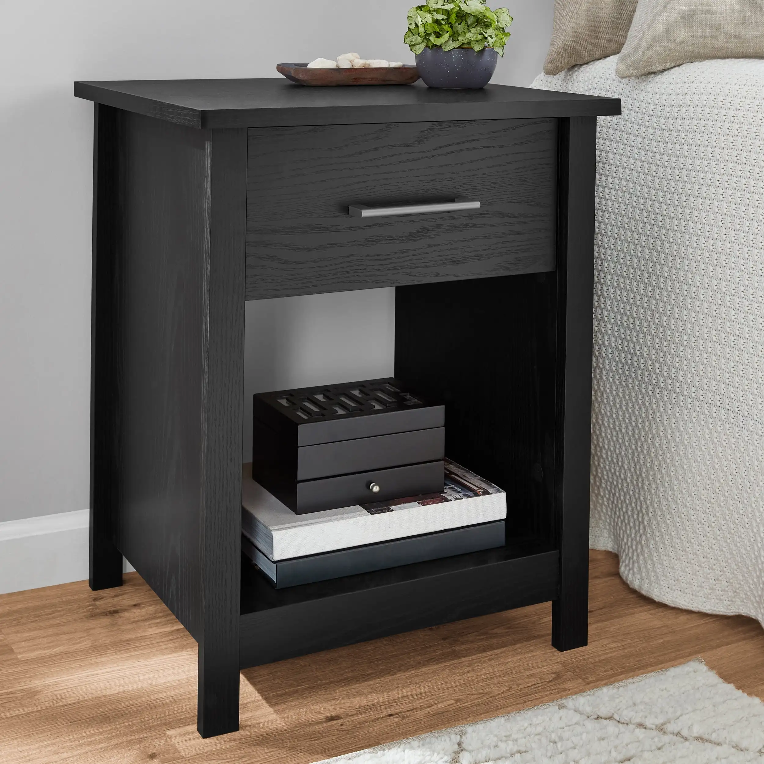 Hillside Nightstand with Drawer, Black Finish