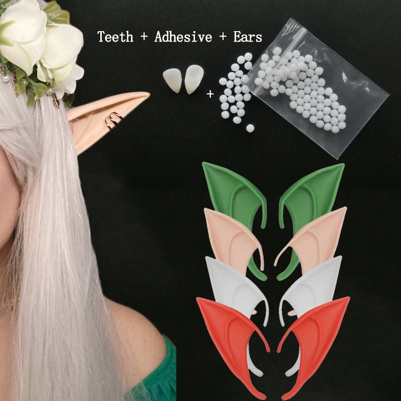 Latex Elf Ears and Halloween Vampire Teeth with Adhesive Resin Dentures Fangs Decoration DIY Cosplay Party False Teeth Props