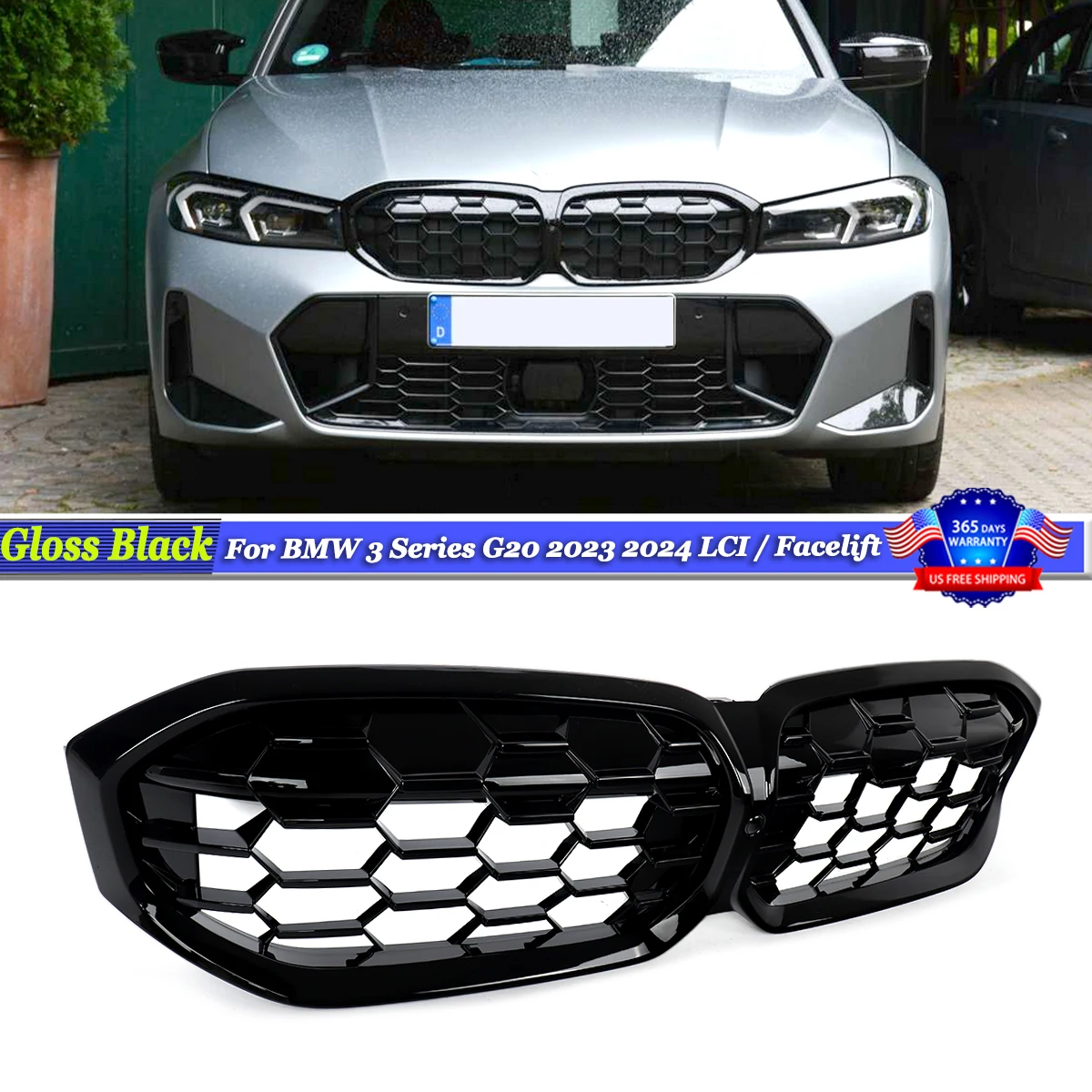 

For BMW 3 Series G20 LCI 2023+ Honeycomb Diamond-Style Front Bumper Centre Racing Grille Black