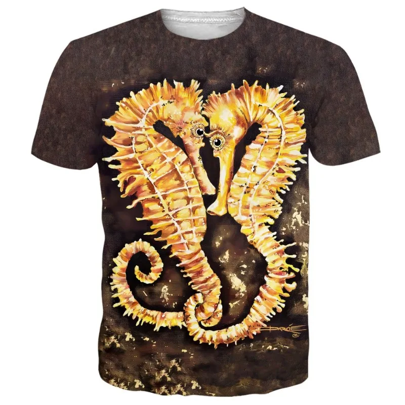 

2025 trendy retro casual 3D digital printing ocean animal loose round neck versatile short sleeved casual T-shirt for men