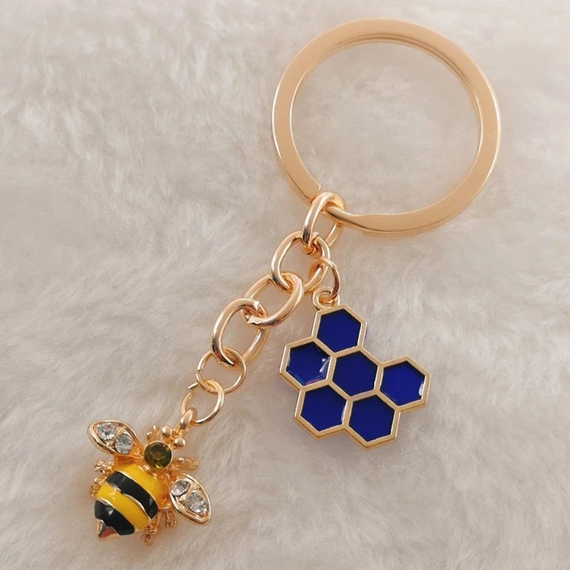 1Pc Cute Women Hexagon Honeycomb Drip Oil Rhinestone Bee Keychain Couple Insect Key Ring Bag Ornament Accessories