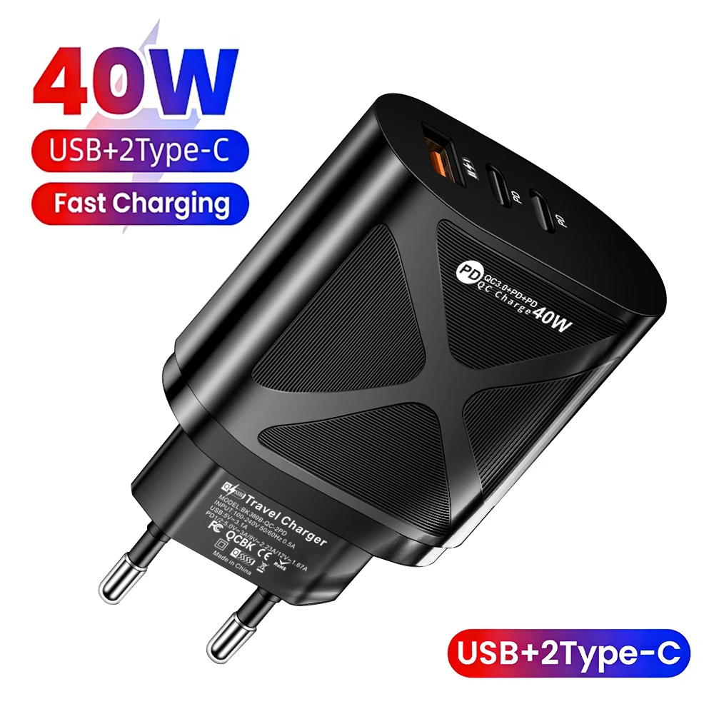 40W USB C Fast Charger Type-C 3-Port PD QC3.0 Wall Adapter for iPhone Samsung Xiaomi Huawei EU US Plug Travel Charging Station