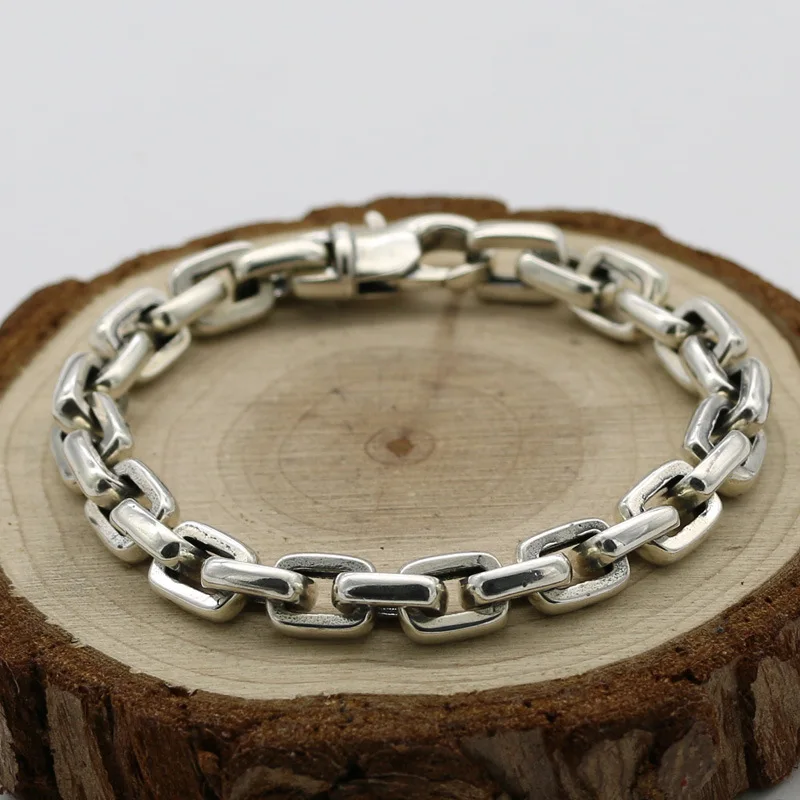 Sterling Silver Smooth Ring Chain Bracelet Personalized Punk Jewelry Simple Men's Thick Nightclub Bar Trendy Accessories Women