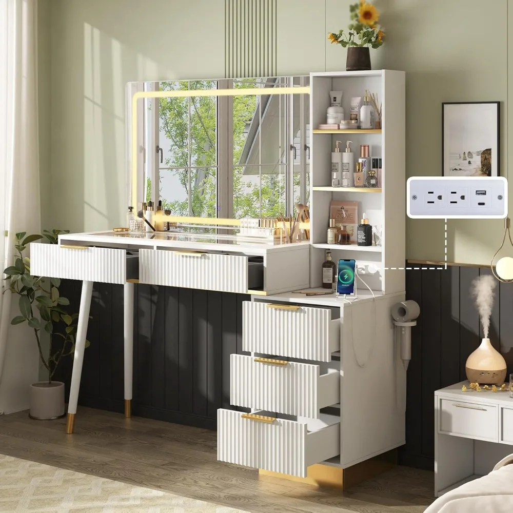 The Dressing Table Is Equipped with A Large Illuminated Mirror, 5 Drawers and Shelves, and A Charging Station/glass Tabletop