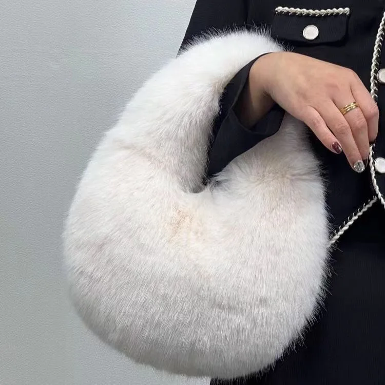 NEW Fur Women\'s Half Moon Bag Luxury Warm Plush Wrist Bags for Women Fashion Furry Short Handle Clutch Cute Ladies Coin Purses