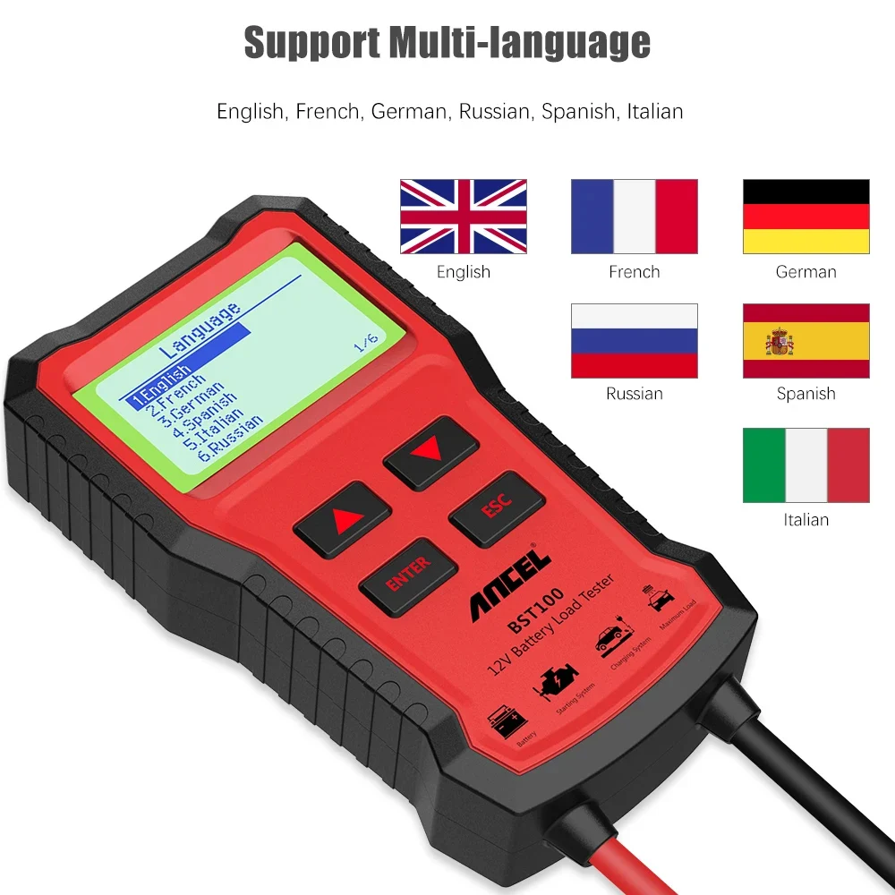 ANCEL BST100 12V Voltage Battery Tester Analyzer Digital 220Ah 2000CCA Car Battery Checker with Cranking&Charging Load Battery