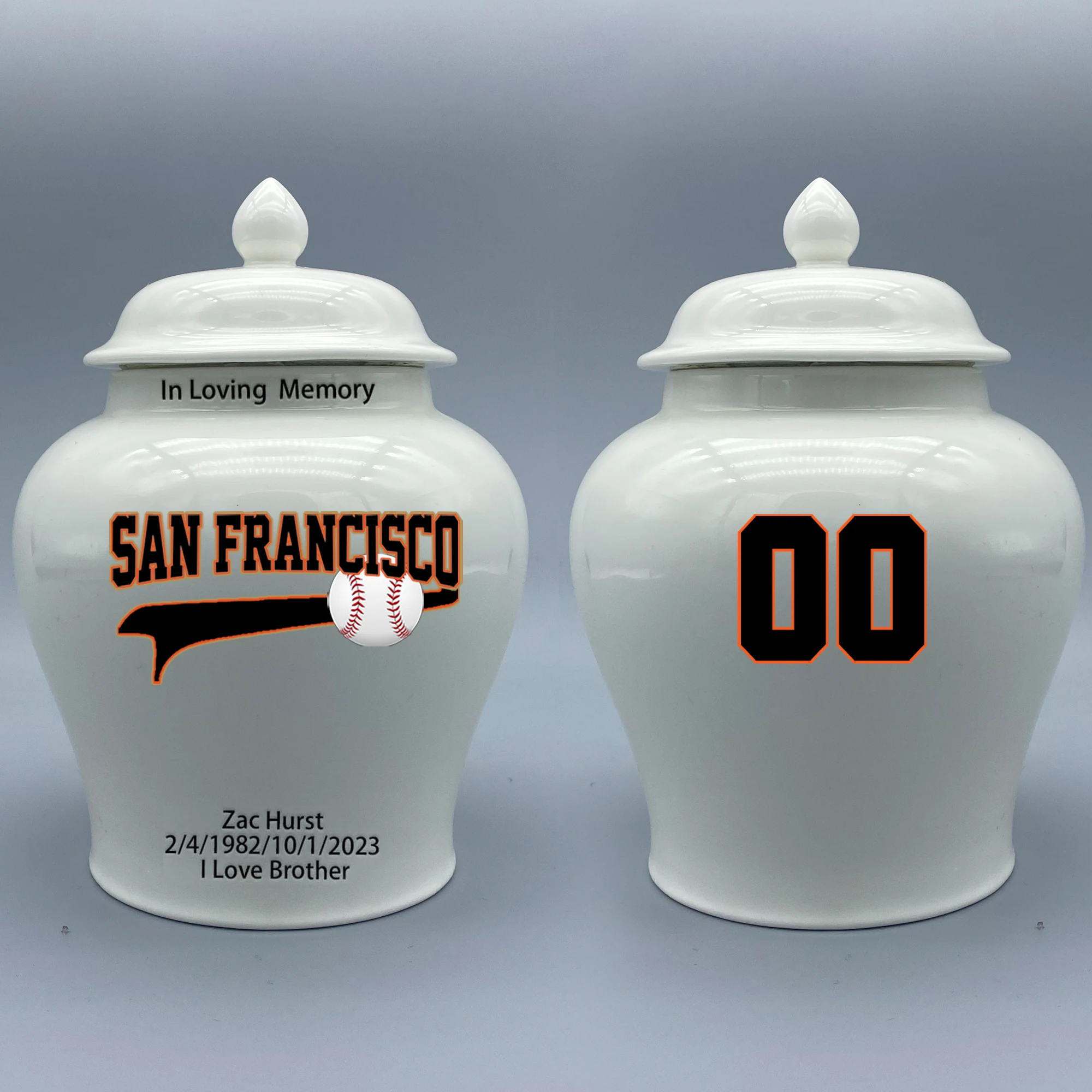 

Medium Urn for San Francisco Giants-themed Logo Urn.Please send me the customize information-name/date and number on the urn