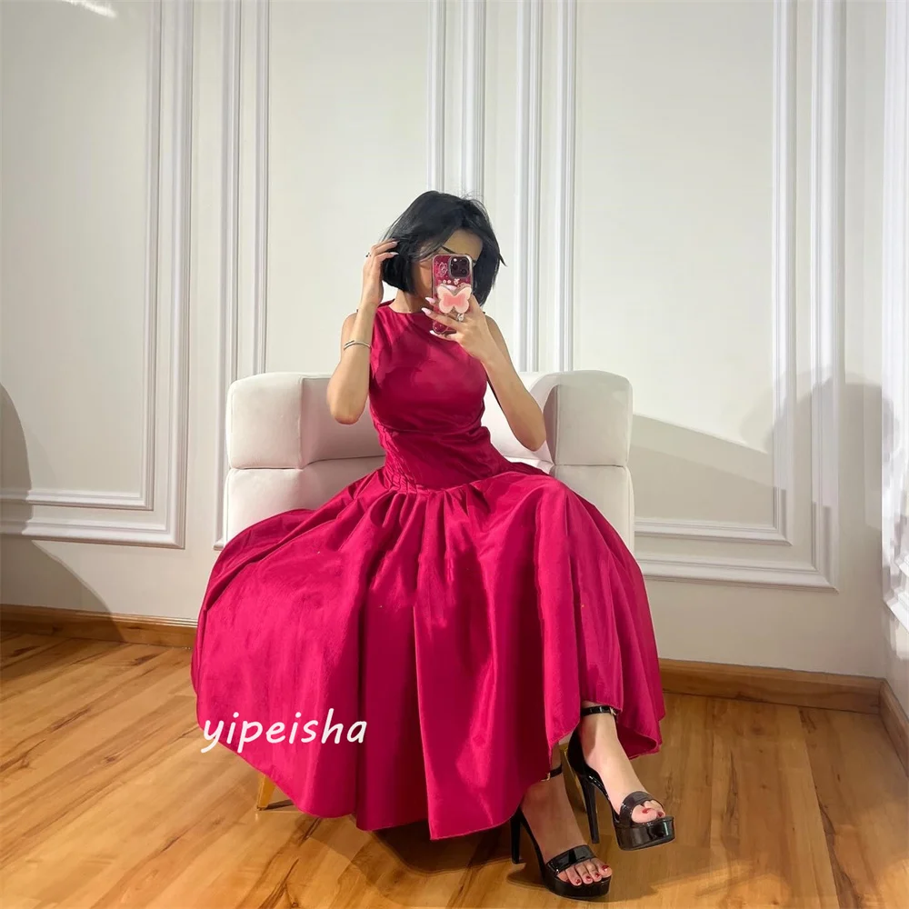 Jiayigong  Satin Draped Ruched Birthday A-line O-Neck Bespoke Occasion Gown Long Sleeve Dresses Saudi Arabia