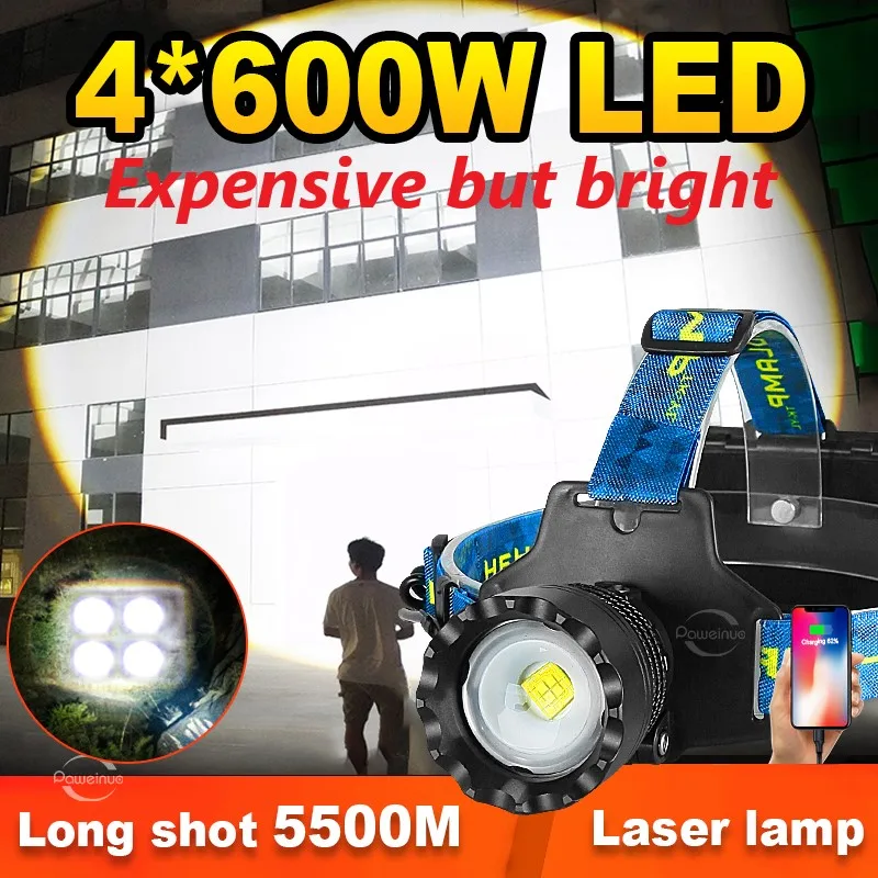 2024 Super Bright 3*600W Headlamp18650 Rechargeable USB Laser LED Head Flashlight High Power Headlight Camping Fishing Head Lamp