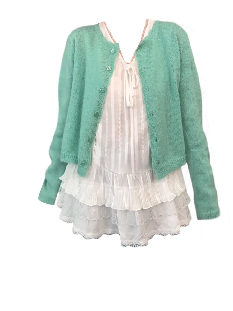 

plus Size Casual Knitted Summer Set for Women with Strap Vest Open Cardigan Loose Slimming Top Long Sleeve round Neck
