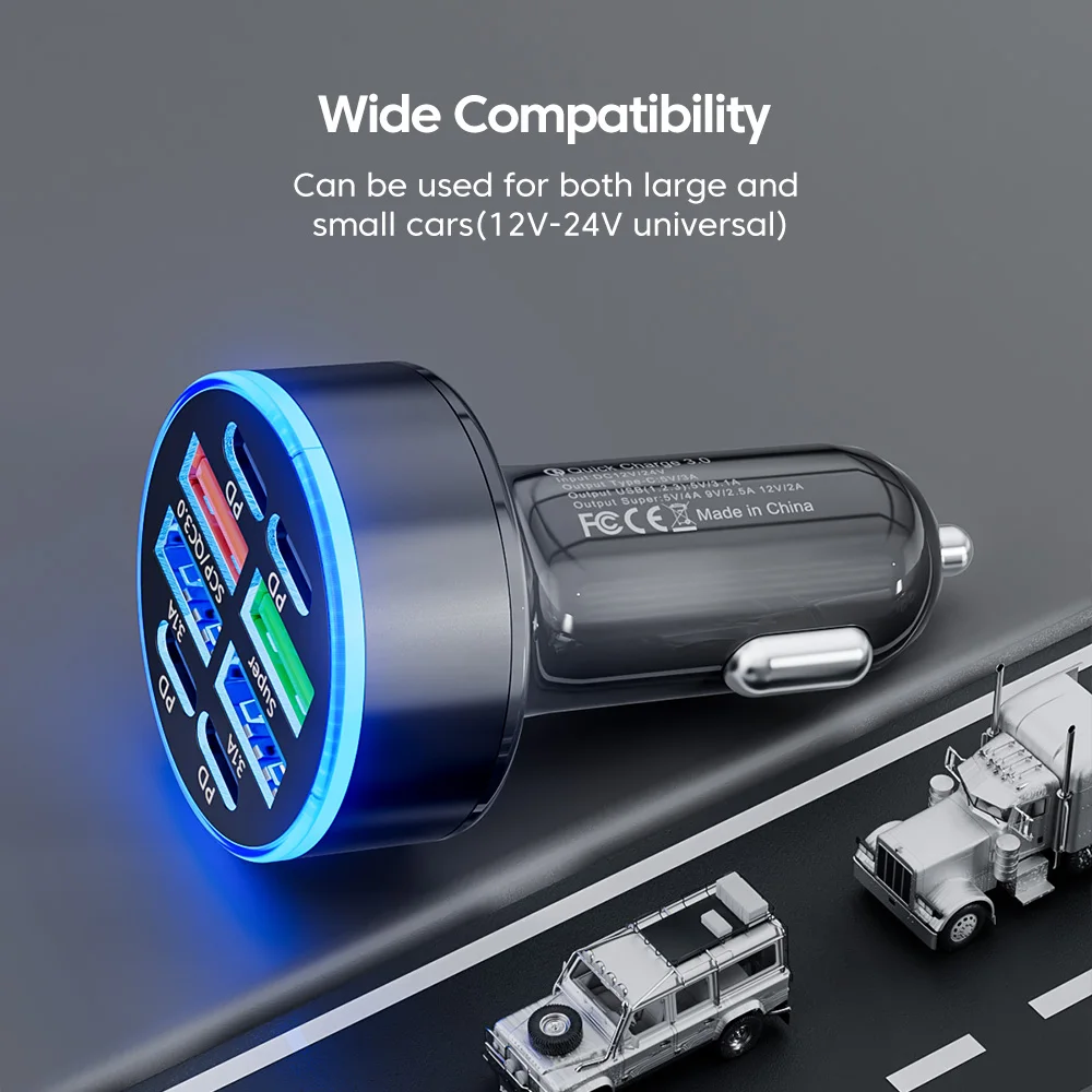 100W 6 Ports Car Charger Fast Charging USB Type C Car Lighter PD QC3.0 Car Phone Charger For iPhone Samsung Huawei Xiaomi