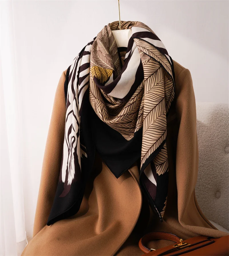 135CM Zebra Pegasus Wool Scarf Silk 140 Designer Cashmere Pashmina Foulard Square Winter Shawls for Women Stole Horse Print