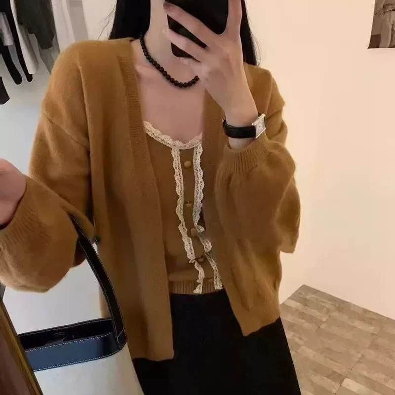 

OCEANLOVE Lace Ruffles Cardigans Woman Solid Autumn Winter Two Pieces Sweaters Korean Fashion Warm Retro Sueter Mujer