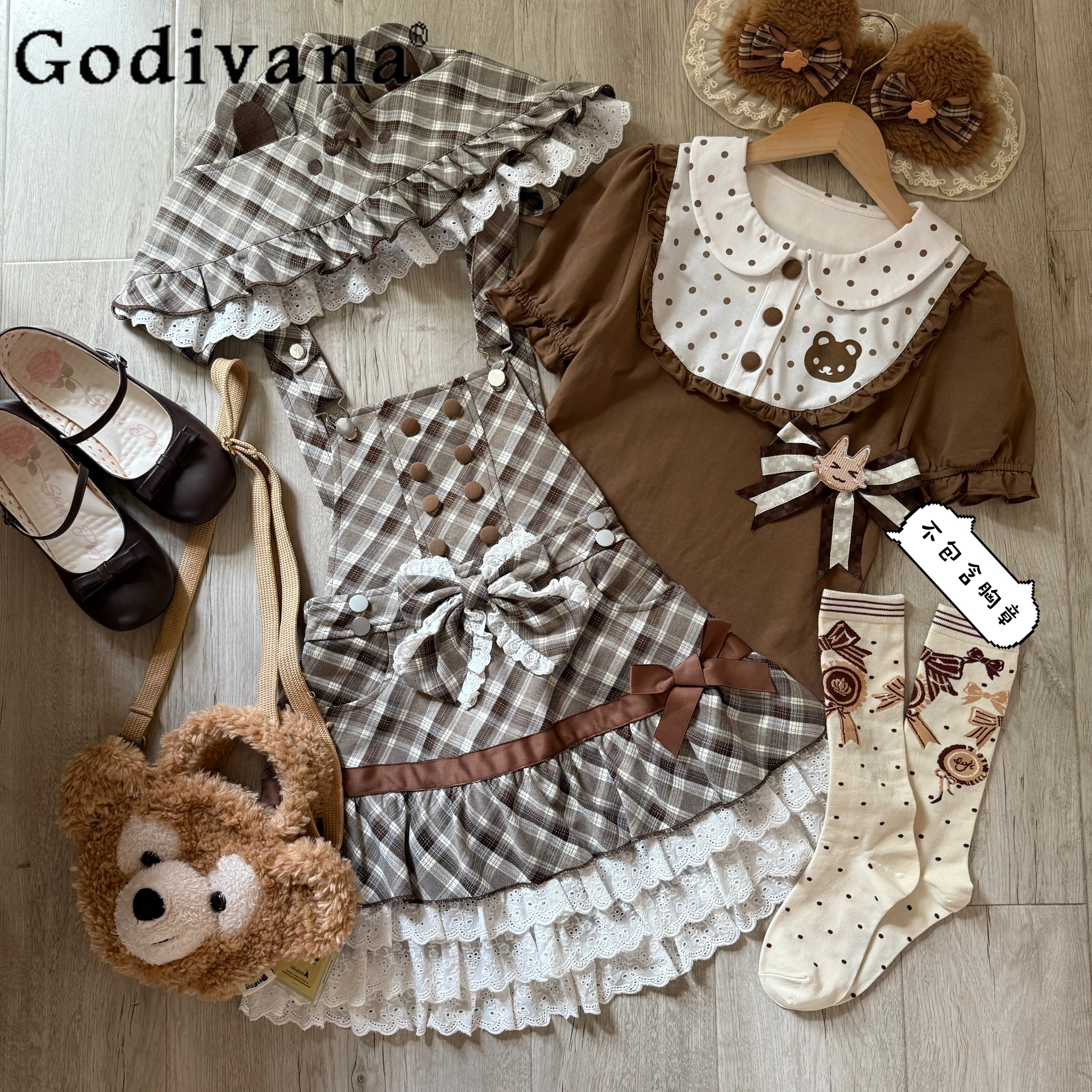 일본 귀여운 곰 자수 반팔 티셔츠 탑 부드러운 소녀 달콤한 귀여운 리본 짧은 체크 스트랩 드레스 세트 딸 옷