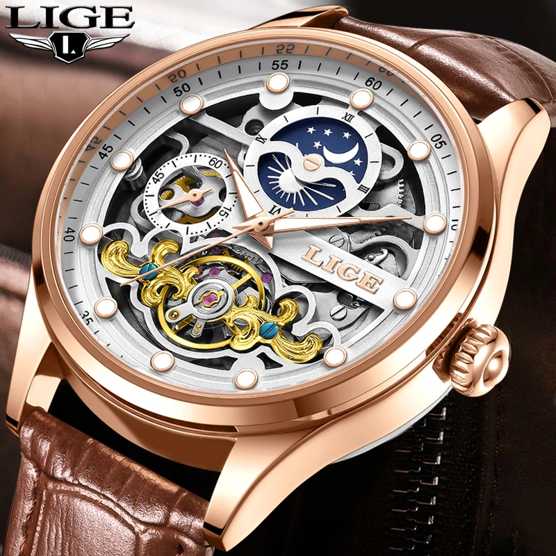 

Новые мужские механические наручные часы LIGE, модные деловые кожаные часы, мужские повседневные спортивные военные часы с автоматическим механизмом для мужчин