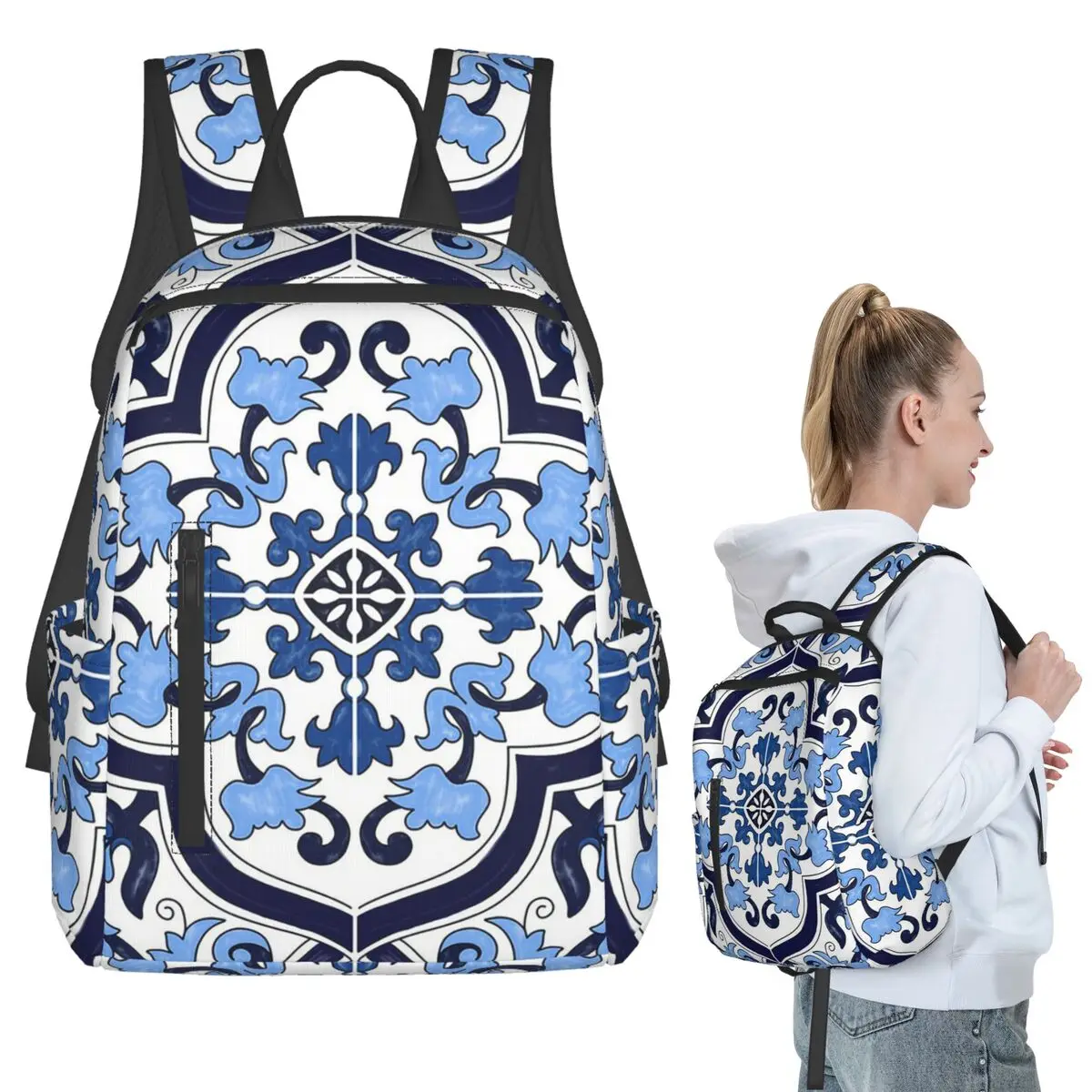 Blue Ornate Floral Mediterranean Sicilian Tile 1 Backpack Student BookBag Boys Girls School Bag Computer Shoulder Bags Men Women