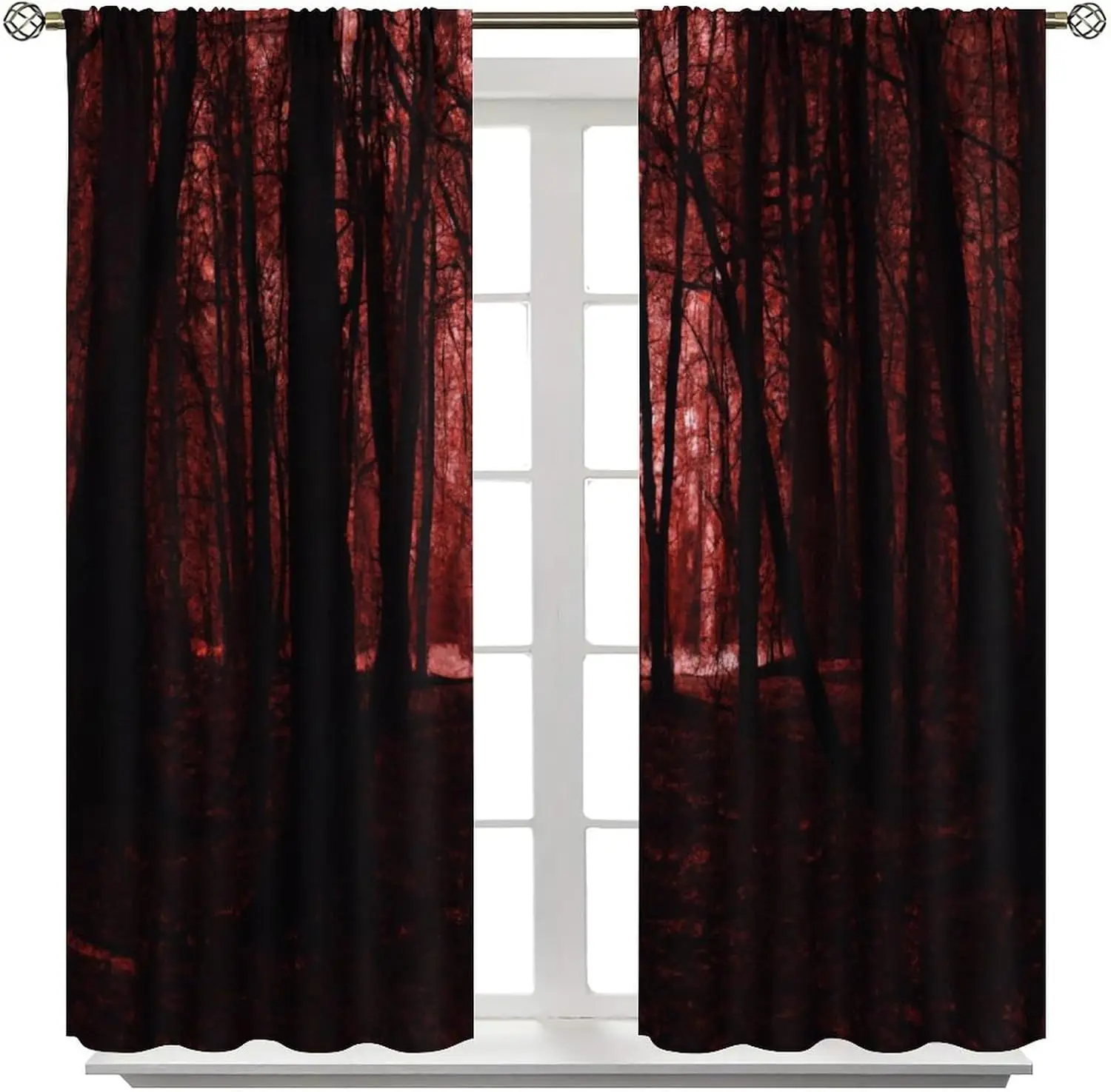 Gothic Dark Red Forest Curtains, Haunted Creepy Landscape Forest Window Treatments Spooky Horror Halloween Trees Window Drapes f