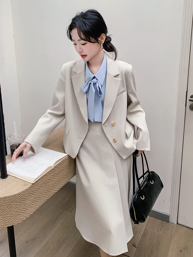 Women's Elegant Fashion Formal 2 Piece Outfit Professional Loose Tops Coat Blazer Pleated Skirt Suit Sets Casual Business Spring