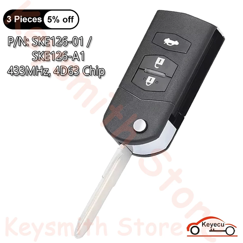 KEYECU 3 Buttons 433MHz 4D63 Chip for Mazda 2 M2 3 M3 5 M5 6 M6 8 M8 Auto Flip Remote Control Key Fob P/N: SKE126-01 / SKE126-A1