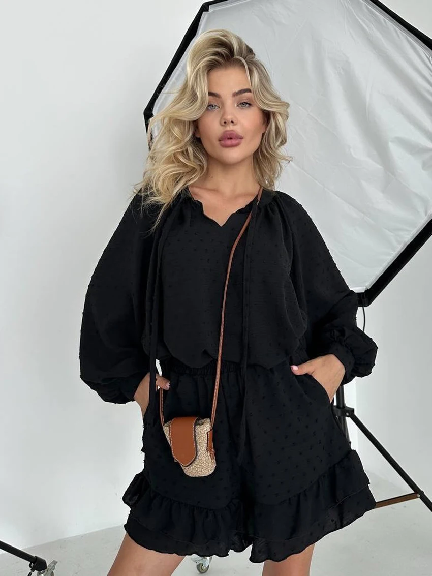 Marthaqiqi Casual Ladies Pajamas Set Lace Up Sleepwear Long Sleeve Nightgowns O-Neck Nightwear Shorts Autumn Female Nightie Suit