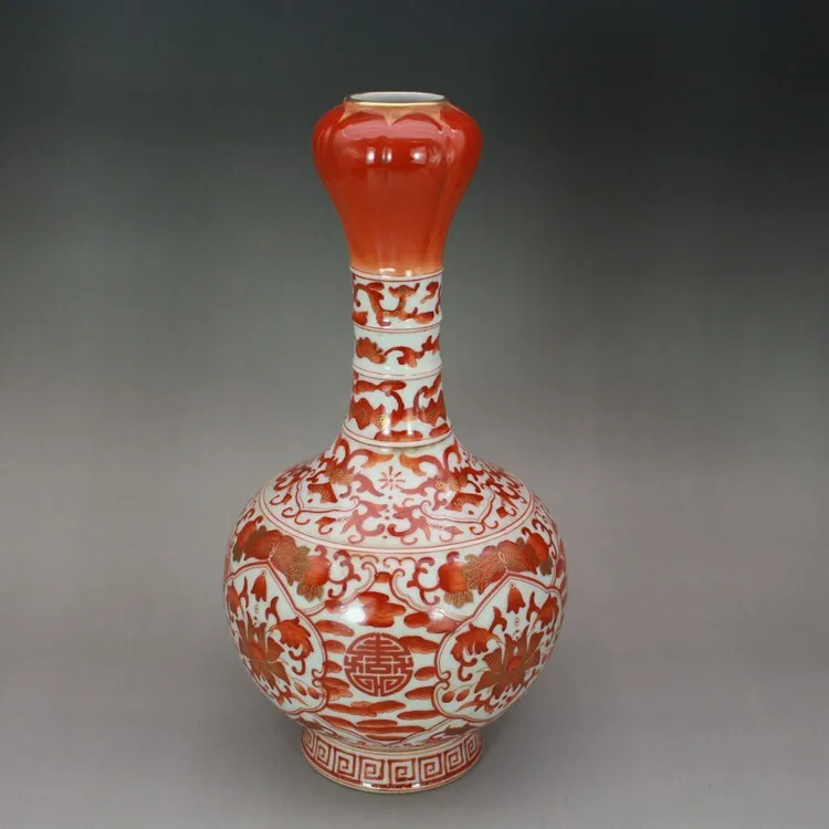 10.0 inch Chinese Qing Qianlong Iron Red Glaze Porcelain Lotus Pattern Vase Garlic Bottle