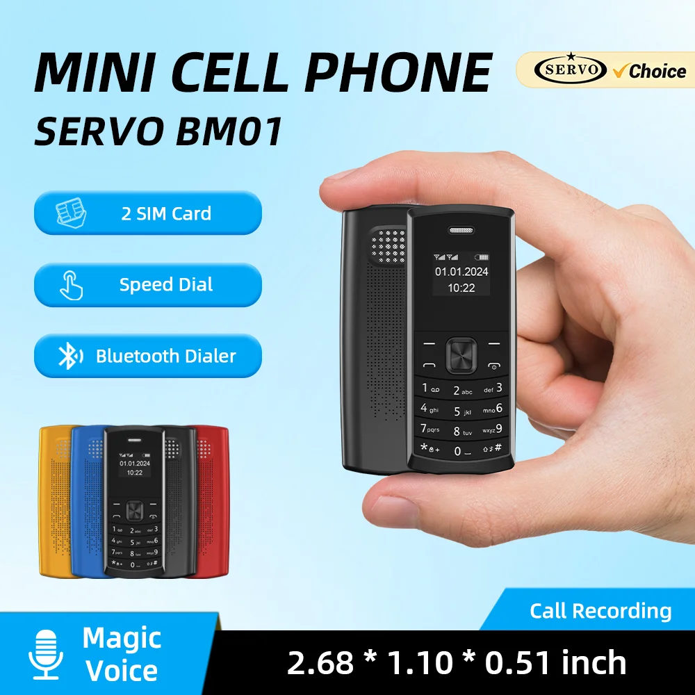 هاتف محمول SERVO BM01 فائق الصغر بشريحتين، هاتف بسيط 2G مع ميزة الصوت السحري وقائمة سوداء واتصال سريع وبلوتوث وتسجيل تلقائي