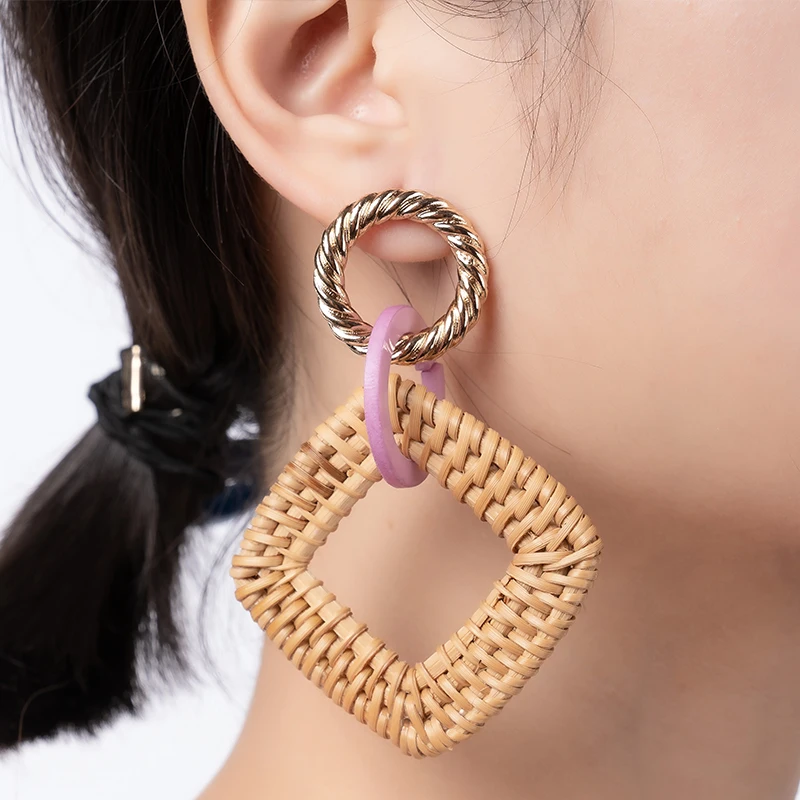 

Straw Earrings Summer Lightweight Geometric Tassel Woven Bohemian Handmade Rattan Wicker Braid Hoop Drop Dangle For Women Girls