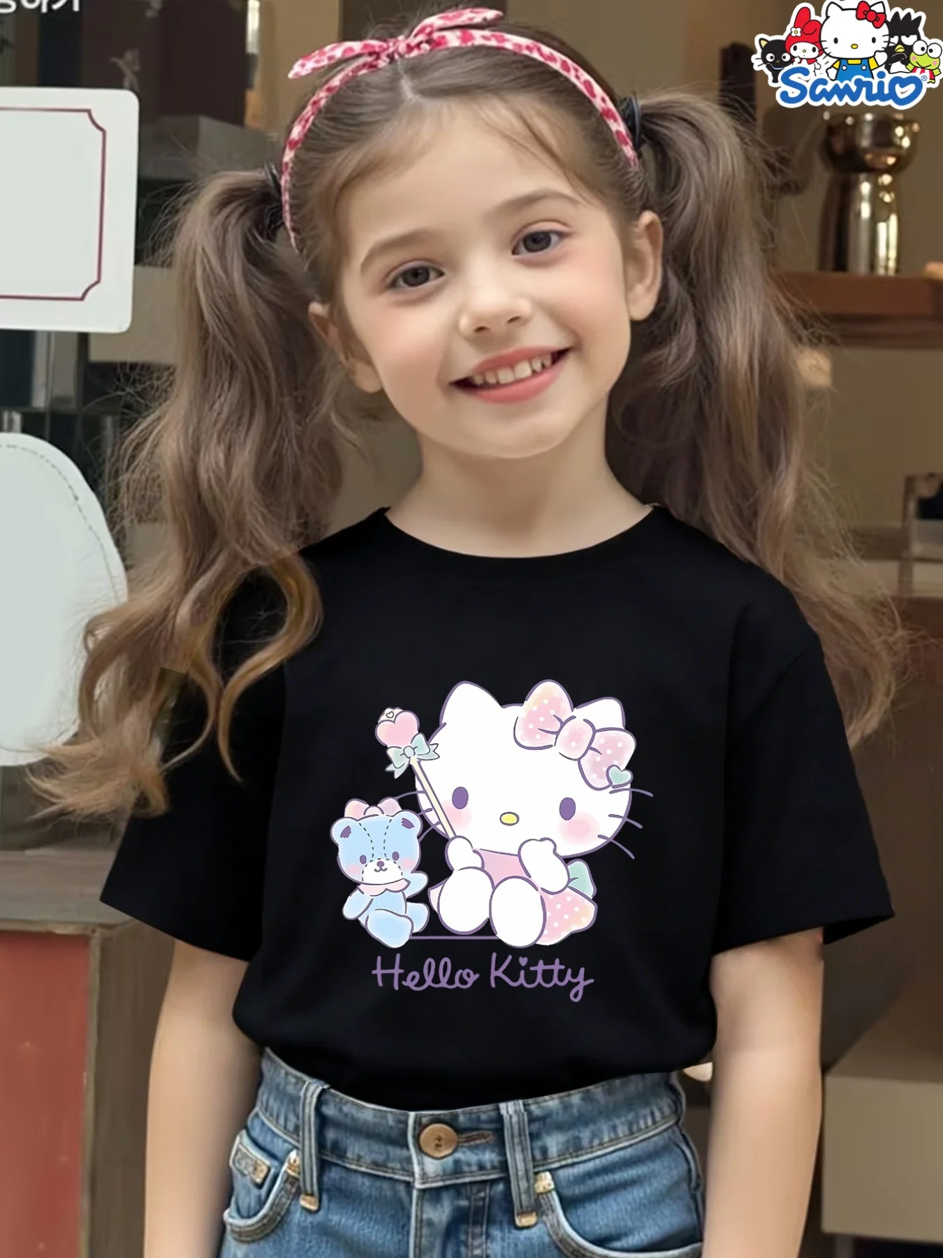 

2026 Summer Bestseller Hello Kitty T-shirt High Quality Cotton Teddy Bear & Magic Wand Print Unisex Casual for Adults Kids