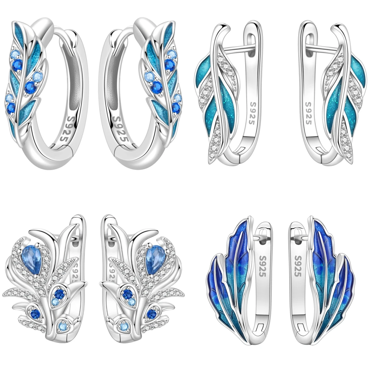 PANPOKI 925 Sterling Silber Blaue Feder Glücksbringer-Ohrringe Vielseitige Creolen Damenschmuck Geburtstags-Party-Geschenk