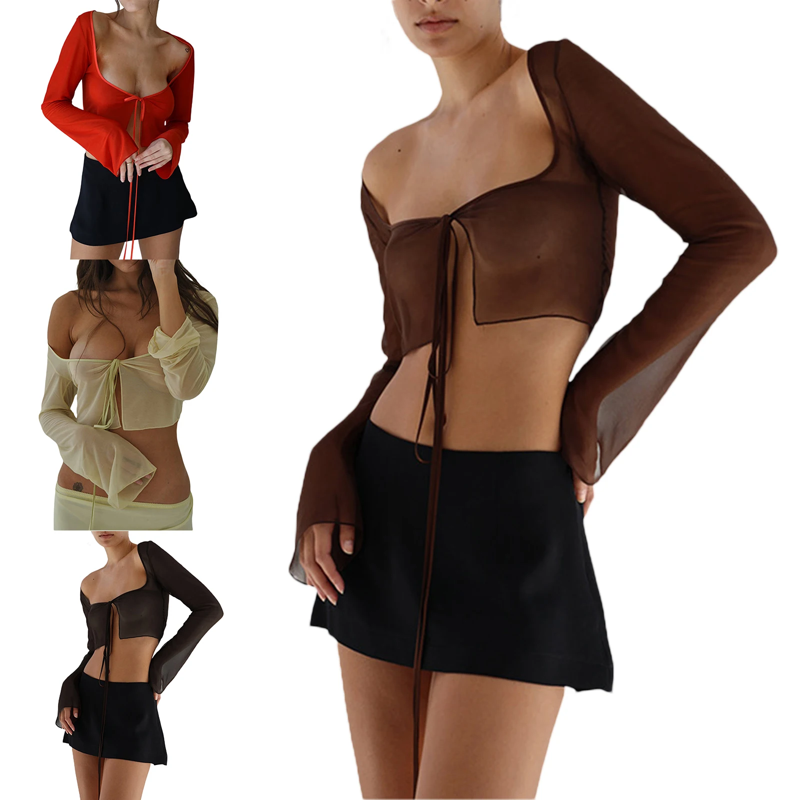 

Crop Top Summer Women Sheer Mesh Long Sleeve T Shirt Lace Up Bandage y2k Grunge Clothes