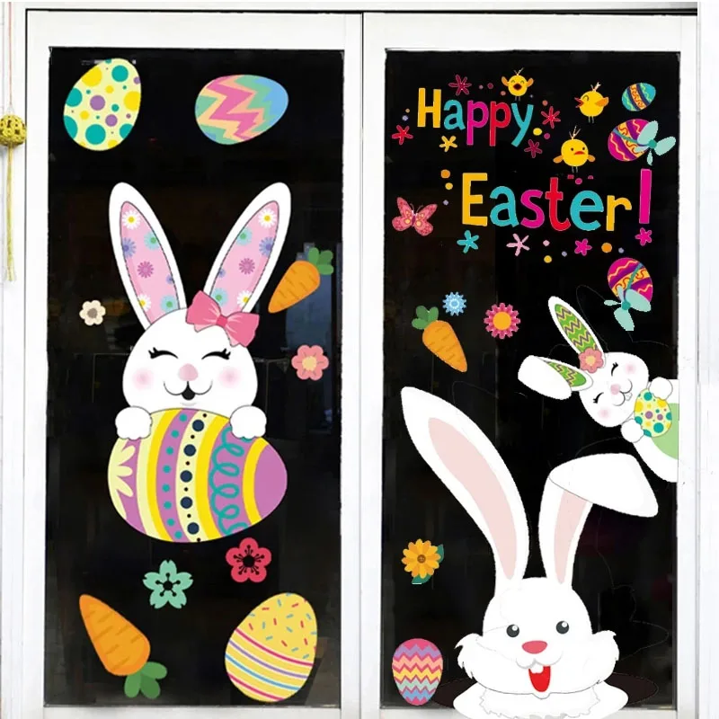 Happy Easter Window Stickers cute Rabbit Eggs Carrot Electrostatic Glass Sticker Easter Decorations for Home Bunny Wall Decals