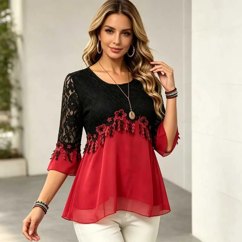New Flower Lace Patchwork Blouse Elegant Casual Half Sleeved Round Neck Slim Fit Contrasting Color Women's Retro Hollow Out Tops
