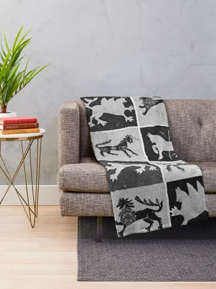 BLACK WHITE MEDIEVAL BESTIARY, DEERS, UNICORNS LIONSAntique Scandinavian Tapestry Throw Blanket for babies Blankets