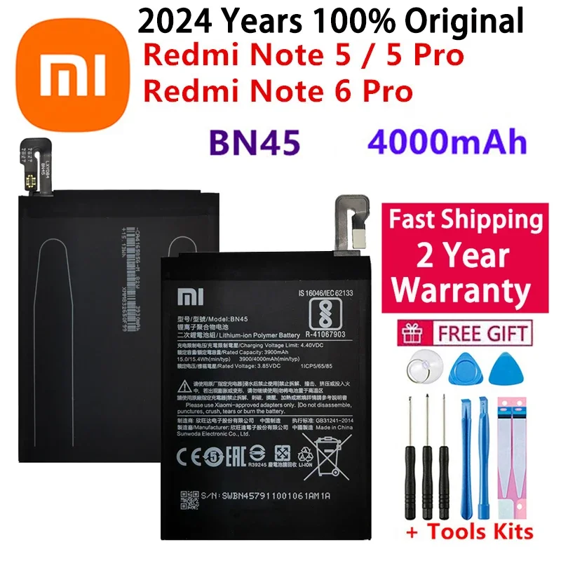 

2024 Years 100% Original Phone Battery For Xiaomi Redmi Note 5 Note5 Note 6 Pro BN45 4000mAh Replacement Batteries Fast Shipping