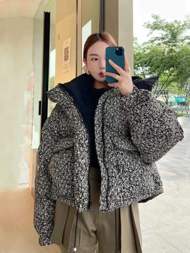 Korean Women Winter Short Down Jacket Streetwear Stand Collar flowers Coats Warm Hooded 90% White duck down Parkas Outerwear