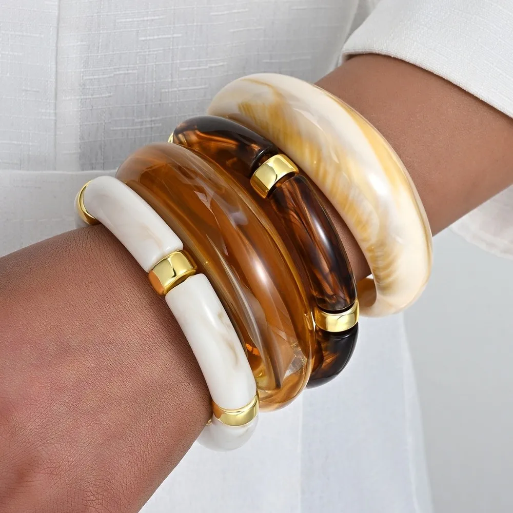 Vintage Punk Resin Bangle Set Thickened Bamboo Tube Irregular Resin Bracelet Stackable Wide Exaggerated Chunky Bangles Women