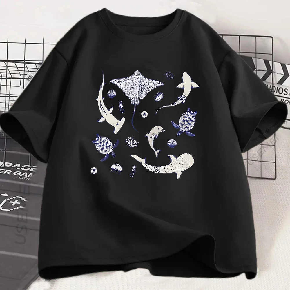 Sea Animal T Shirt Stingray Shark Turtle Dolphin Graphic Tee Ocean Life Top Marine Biology Apparel Summer Casual Clothing
