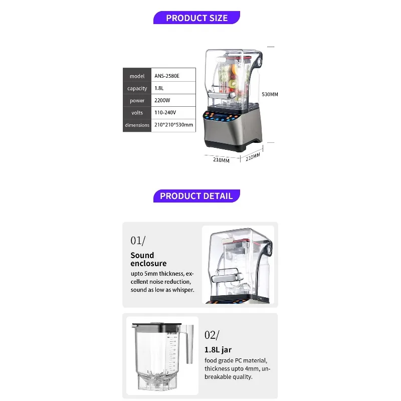 

TULX Hot Selling High Quality Professional Kitchen Electric 2200w Food Commercial Blender