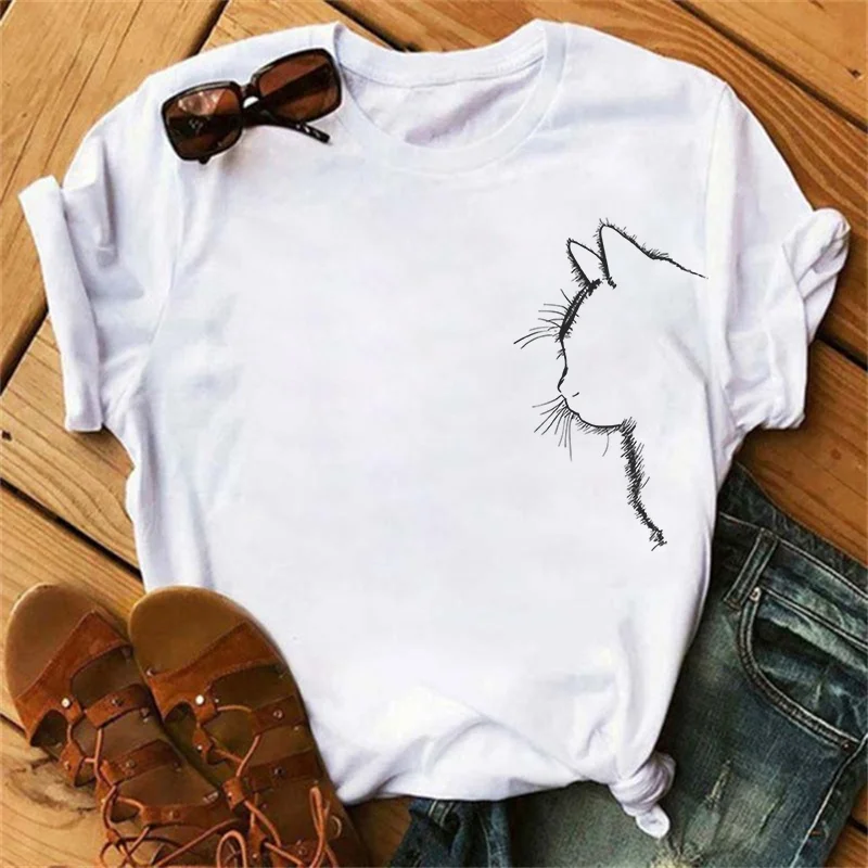 Women's T-shirt 100% cotton, short sleeve, fierce cat pattern round neck, casual style, women's summer women's T-shirt top