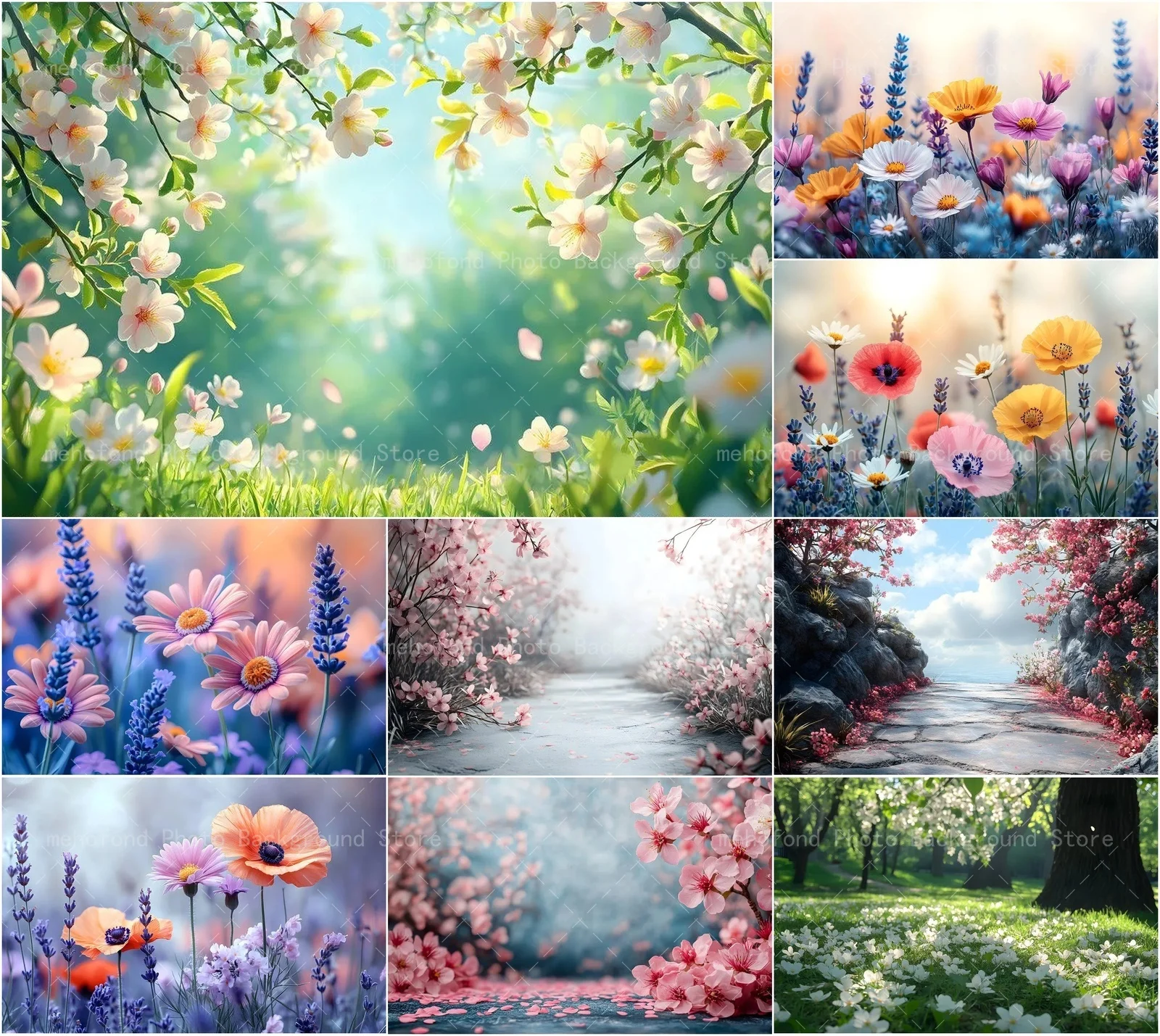 

Mehofond Flowers Bloom In Spring Photography Background Green Grassland Petals Falling Cherry Blossoms Portrait Backdrop Decor